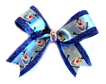 SMILING OLAF on blue glitter ribbon (large bow)
