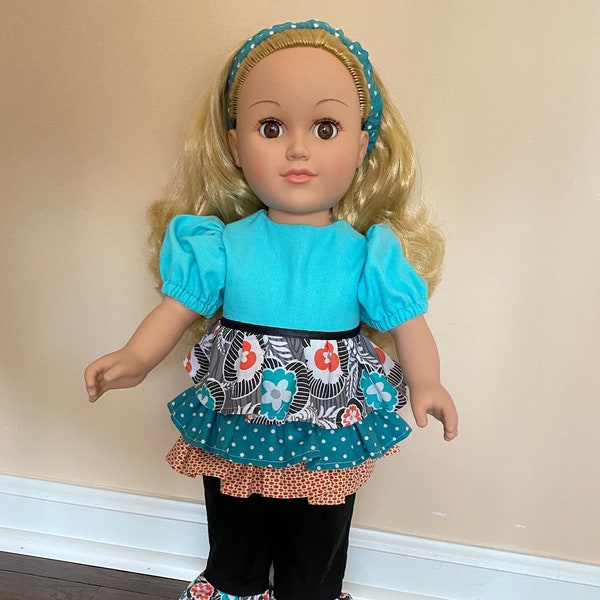 Brand New Handmade 3 piece Play Outfit for 18" Dolls - Ruffled Top and Matching Ruffled Pants, with Matching Headband, Buy 3 Save 20%