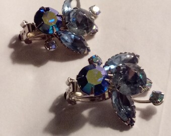 Vintage Beau Jewels Set Blue AB Rhinestones Floral Spray  Vintage Beau Jewels AB Blue Star Crystal Earrings main image 1