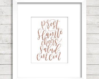 Cheers. Prost. Cin Cin. Salud. Language. Calligraphy Font. Office Décor. Wall Décor. Art Print. Rose Gold Glitter. New Year.