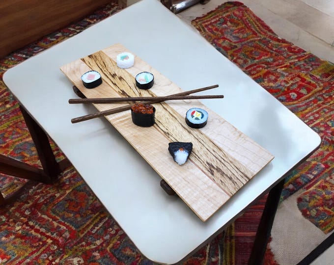 Curly Maple & Zebra Wood Sushi Board with Wenge Chopsticks