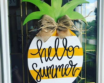 Hello Summer Pineapple Wooden Door Hanger Personalized & Bright // Colorful Summer Wreath