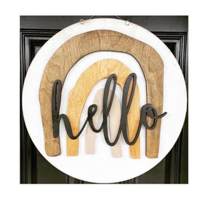 Hello Boho Chunky Rainbow Southern Farmhouse Wooden Door Hanger Sign