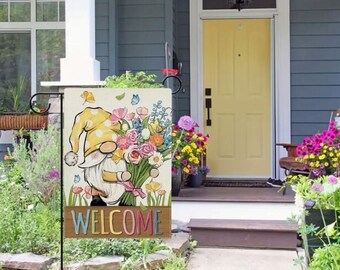 Gnome Welcome Garden Flag Spring Gnome Garden Flag Summer Garden Flag Welcome Garden Flag Welcome Yard Flag Colorful Yard Flag Gnome Flag