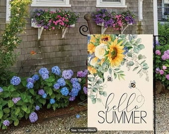 Hello Summer Garden Flag Spring Garden Flag Sunflower Garden Flag Hello Summer Garden Flag Burlap Garden Flags Floral Garden Flag Small Flag