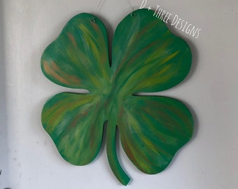 St. Patrick's Day Glittery Sparkling Monogram Painted Four Leaf Clover Shamrock, Wooden Letter, Wooden Door Hanger