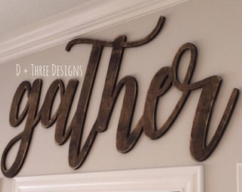 Large DISTRESSED Gather Sign (Choose Stain or Paint Color), Rustic Farmhouse Chic, Wooden Letters, Home Decor, Wooden Phrase, Shelf Sign