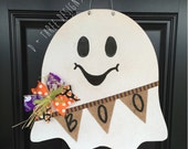Shimmering Ghost Wooden Door Hanger Halloween Door Decor Fall Door Decor Rustic Door Hanger Wreath