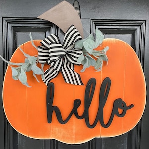 Hello Fall Distressed Farmhouse Pumpkin Door Hanger // Fall Wreath // Painted Wooden Fall Wreath // Wooden Door Hanger // You Pick The Words