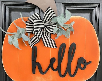 Hello Fall Distressed Farmhouse Pumpkin Door Hanger // Fall Wreath // Painted Wooden Fall Wreath // Wooden Door Hanger // You Pick The Words