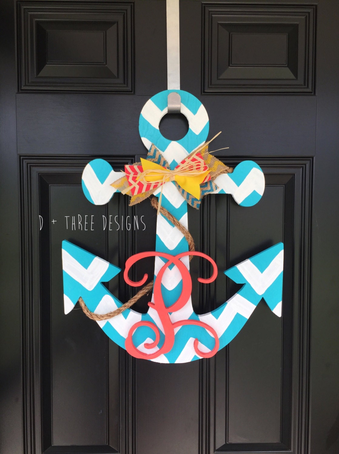 20 Inch Chevron Painted Wooden Anchor + Personalized Monogram // Decor Nautical Anchors Away Door Hanger