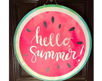 Colorful Summertime Hello Summer Watermelon Wooden Door Hanger Personalized & Bright // Colorful Summer Wreath