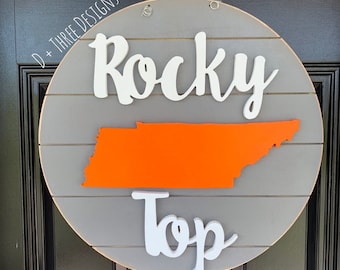 TN Home Orange & White Rocky Top Tennessee Vols Football Wooden Door Hanger // Go Big Orange Door Decor // University of Tennessee