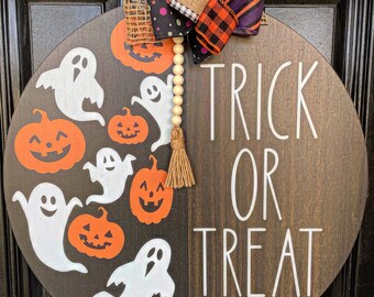 Boo Trick Or Treat Modern Farmhouse Black & White Halloween Fall Wooden Door Hanger