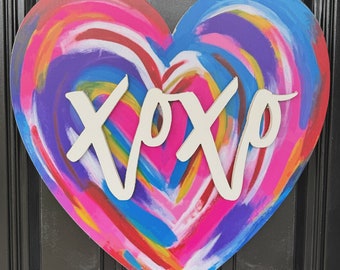 Ombré Watercolor Valentine’s XOXO Heart | Valentine&#39;s Day Door Hanger | Heart Door Hanger | Wooden Door Hanger
