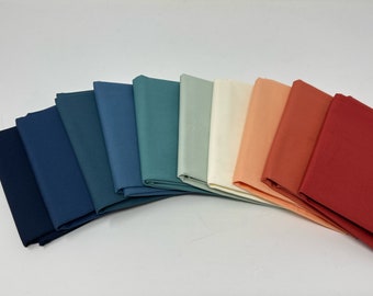 Tomales Riley Blake Cotton Solid Fabric Collection | 10 Blue Rust Navy Solid Quilt Fabric Bundle | 100% Cotton Fabric | FQ Solids