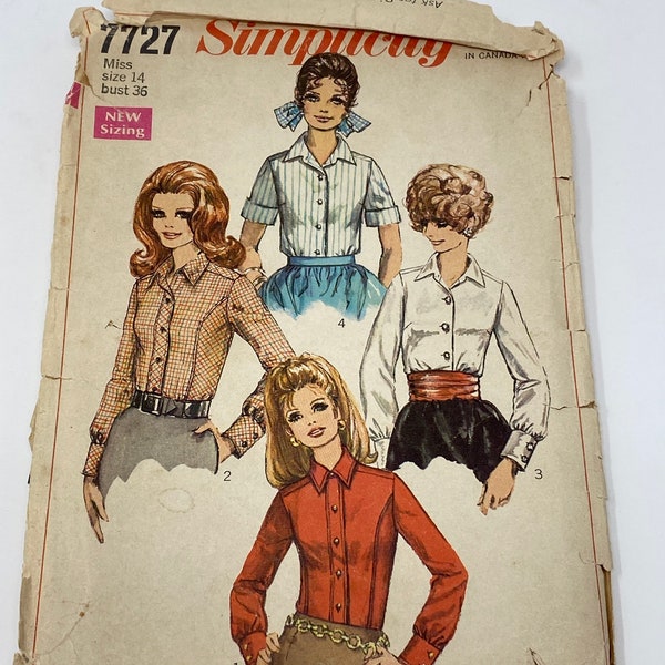 Cut Sewing Pattern/Simplicity 7727/Top Blouse Pattern/Vintage Simplicity Pattern/Size 14 Vintage Top Pattern 1968