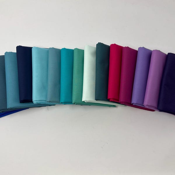Peacock Feathers Riley Blake Cotton Solids Curated Fabric Bundle | 16 Peacock Fabric Bundle | Teal Blue Purple Solid Fabric Bundle