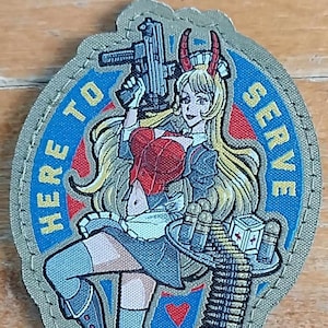 Here To Serve Anime Maid Pin Up  ~ Hook Backing ~ Morale Tac Patch