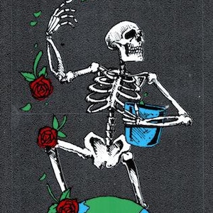 May include: A graphic illustration on a dark gray background featuring a white skeleton standing on a blue and green globe. The skeleton holds a blue bucket and reaches upward, surrounded by three red roses with green leaves floating in the air.