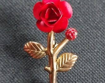 Vintage Blooming Red Rose Gold Tone Hat Jacket Shirt Vest Lapel Brooch Pin Badge