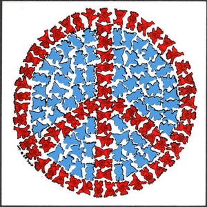 May include: Circular design composed of red and blue bear figures. The bears are arranged in a pattern, with the red bears forming a border and the blue bears filling the center. The design is set against a white background.
