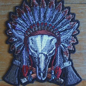 Native Headdress Buffalo Steer Skull Battle Axes Embroidered Iron On Biker Motorcycle Patch