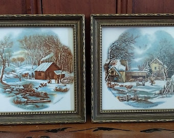 Vintage Set of Currier & Ives Tile Trivets in Wood Frames Wilderness Farmers Home Winter Scenes