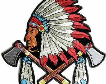 INDIAN WARRIOR & AXES Patch large outlaw biker motorcycle jacket vest 12" x12"