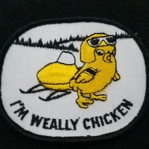 I&#39;m Weally Chicken - Vintage 70s Sew On Snowmobile Racing Jacket Patch