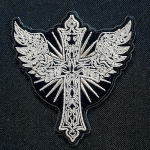 Broderad MC-klubbstygnlapp med kors och vingar, stryk-på-märke för motorcykeljacka, bikerväst