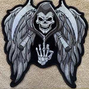 LARGE Reaper Middle Finger Biker Embroidered Iron On Back Patch