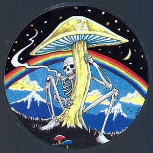 Può includere: Adesivo circolare con uno scheletro che fuma una sigaretta appoggiato a un fungo giallo. Un arcobaleno attraversa lo sfondo, con montagne e un cielo stellato. L'opera ha un tema psichedelico.