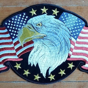 Large American Bald Eagle Double USA Flags Embroidered Iron On Motorcycle Jacket Biker Vest Back Patch
