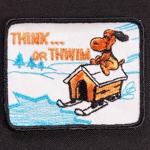 Think ... or Thwim SNOOPY - Vintage 70s Sew On Ski Snowmobile Racing Jacket Patch