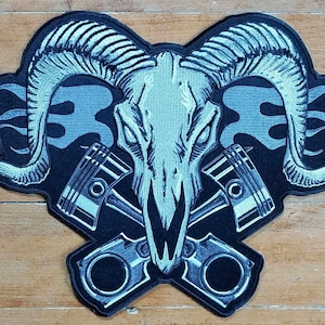LARGE Ram Skull With Cross Pistons Biker Jacket Embroidered Iron On Vest Back Patch