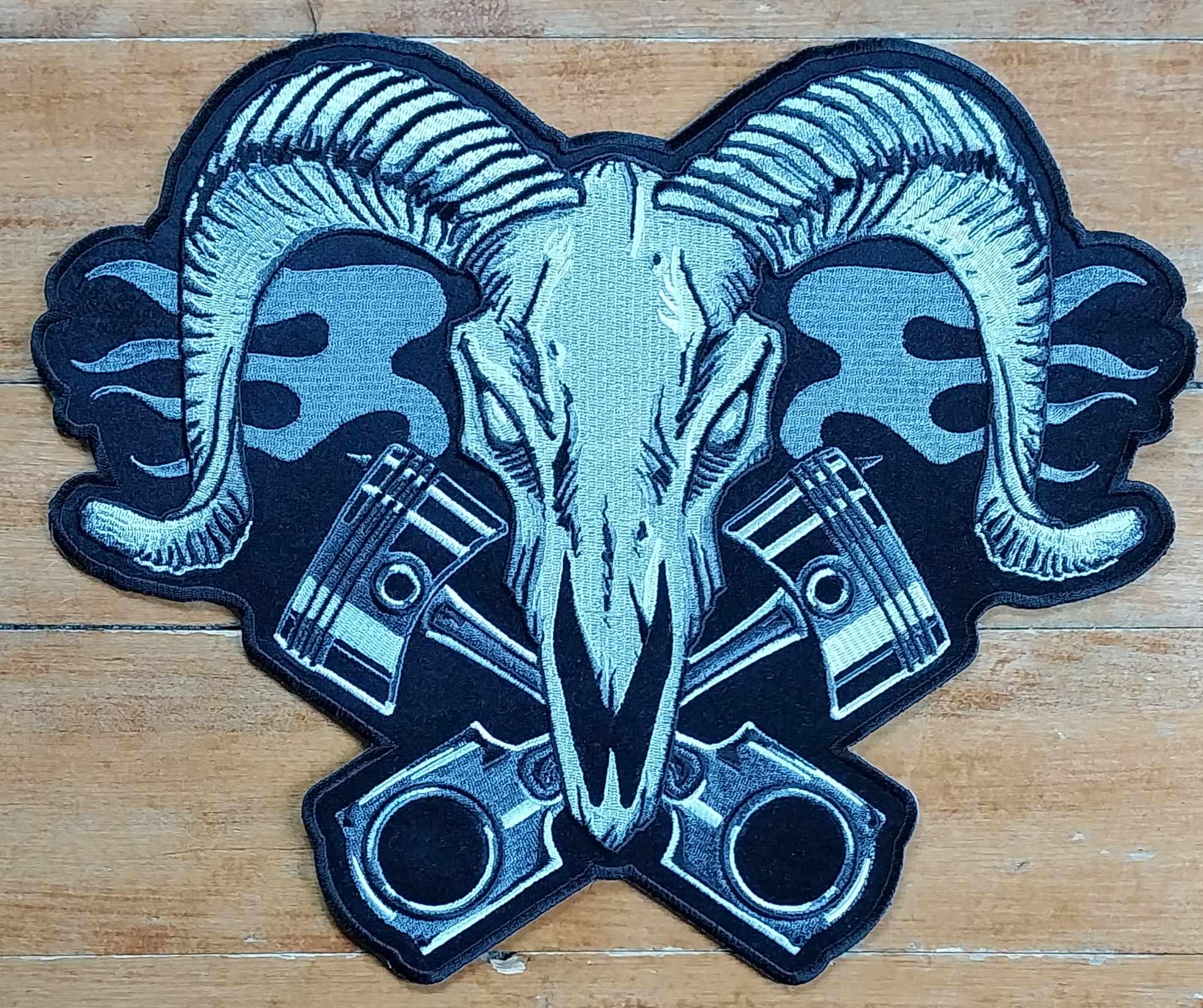 LARGE Ram Skull With Cross Pistons Biker Jacket Embroidered Iron