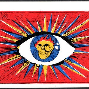 May include: A rectangular graphic print featuring a large central eye with a yellow skull inside the blue iris. The eye is surrounded by radiating spikes in red, blue, and yellow, set against a vibrant red background with black ink textures.