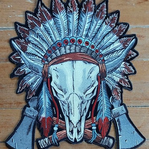 LARGE Native Chief Biker Hot Rod Steer Skull Iron On Vest Jacket Back Patch