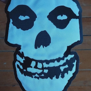 May include: A black and white skull patch with a light blue background. The skull has large eye sockets, a nose, and a grinning mouth. The patch is likely for clothing or accessories.