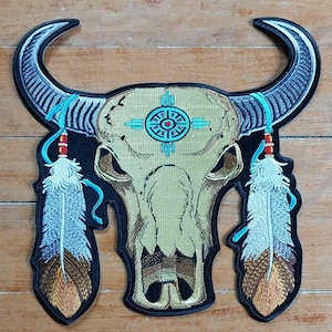 LARGE Native Biker Hot Rod Bull Skull Iron On Vest Jacket Back Patch