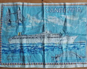 Vintage S.S. Canberra Irish Linen Tea Towel T-Cloth Souvenir