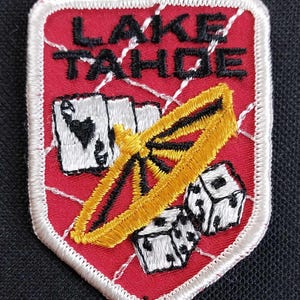 Lembrança de viagem vintage de Lake Tahoe costurada em chapéu jaqueta colecionadores remendo cartas de jogo dados