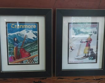 Lot of 2 Diane Mello New Hampshire Ski Poster Prints in Frames - Cranmore North Conway