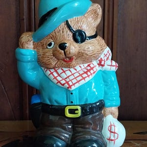 Vintage Bandit Bear Wearing An Eye Patch Hand Painted Ceramic Coin Bank