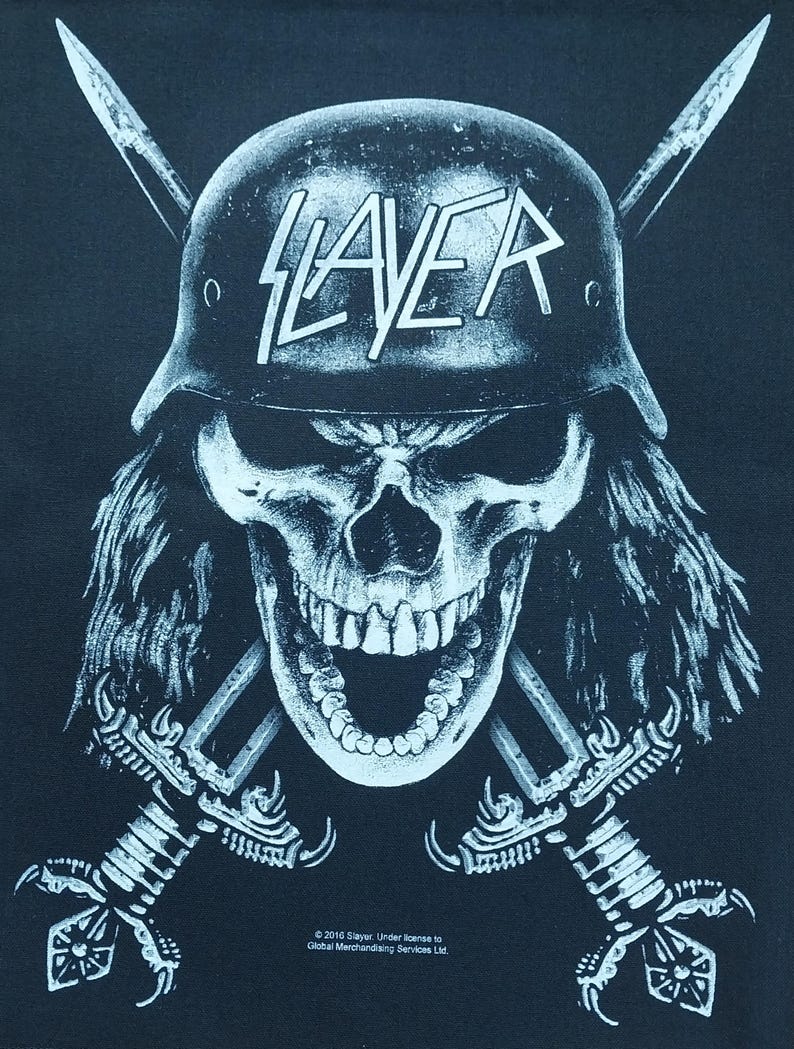 May include: Black graphic featuring a skull wearing a helmet with the word "SLAYER" in white. Two crossed swords are behind the skull. The skull has long hair and a menacing expression. The image is a design for band merchandise.