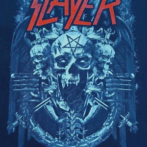 May include: Black t-shirt featuring the band name "SLAYER" in red block letters above a detailed blue graphic. The graphic includes a skull with a pentagram, additional skulls, and skeletal elements.