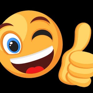 Peut inclure: Un visage souriant jaune de dessin anim&eacute; avec un &oelig;il bleu fait un clin d'&oelig;il et donne un pouce en l'air.