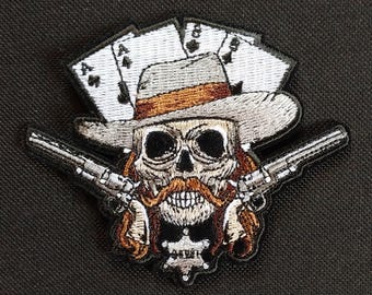 Wild Bill Aces and Eights Skull Biker Embroidered Iron On Motorcycle Jacket Patch