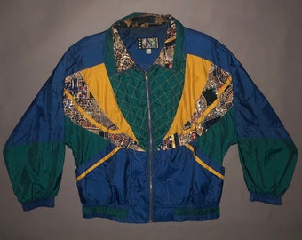 Vintage 1980s River Edge Windbreaker Jacket Women's LARGE - Zip Up 80s Track Jacket Multi Color Shoulder Pads